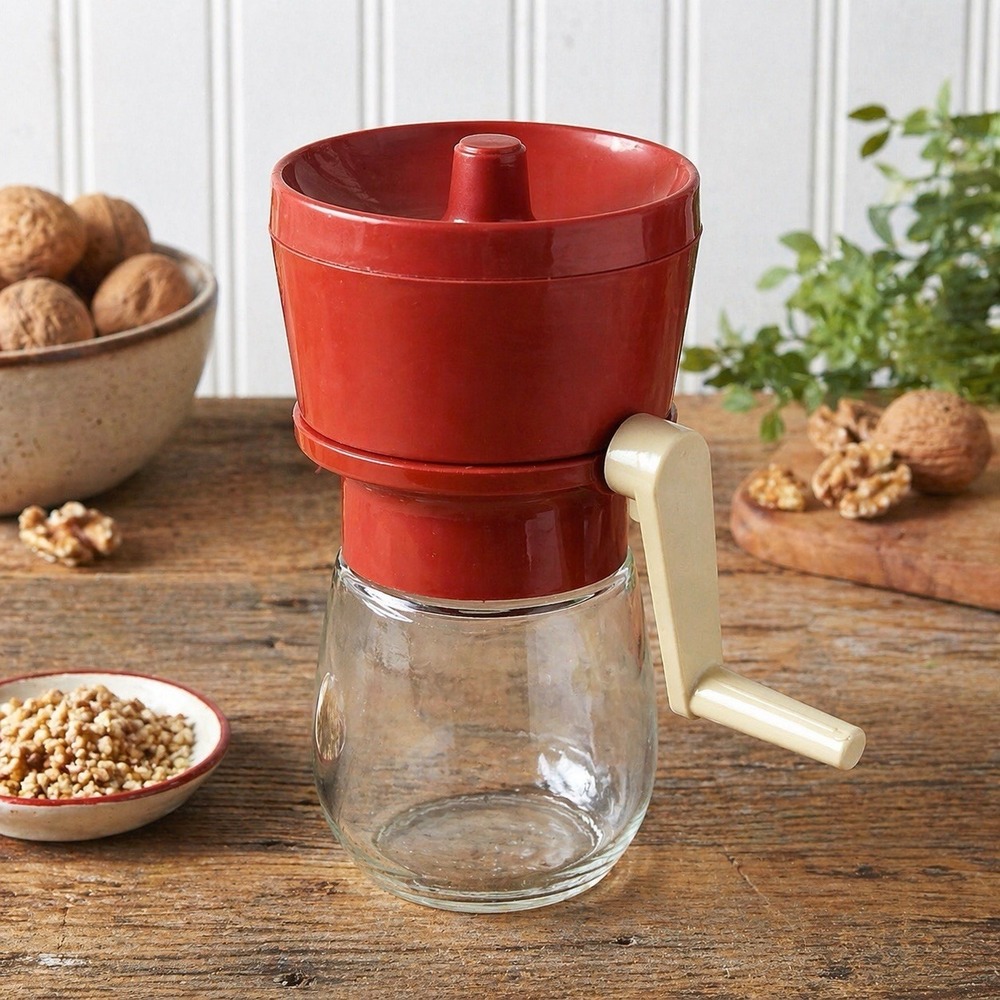 Vintage 70's Gemco Glass Nut Grinder Chopper Hand Crank Red Lid Kitchen Tool USA